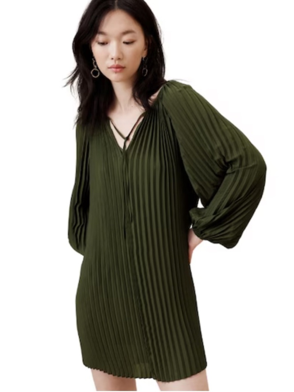 NWT Banana Republic Pleated Chiffon Mini Dress Olive Size Large